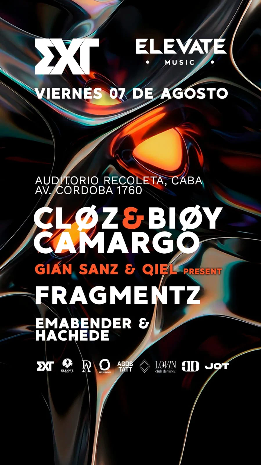 Flyer de Elevate Music con Hachede, viernes 07 de agosto en Auditorio Recoleta